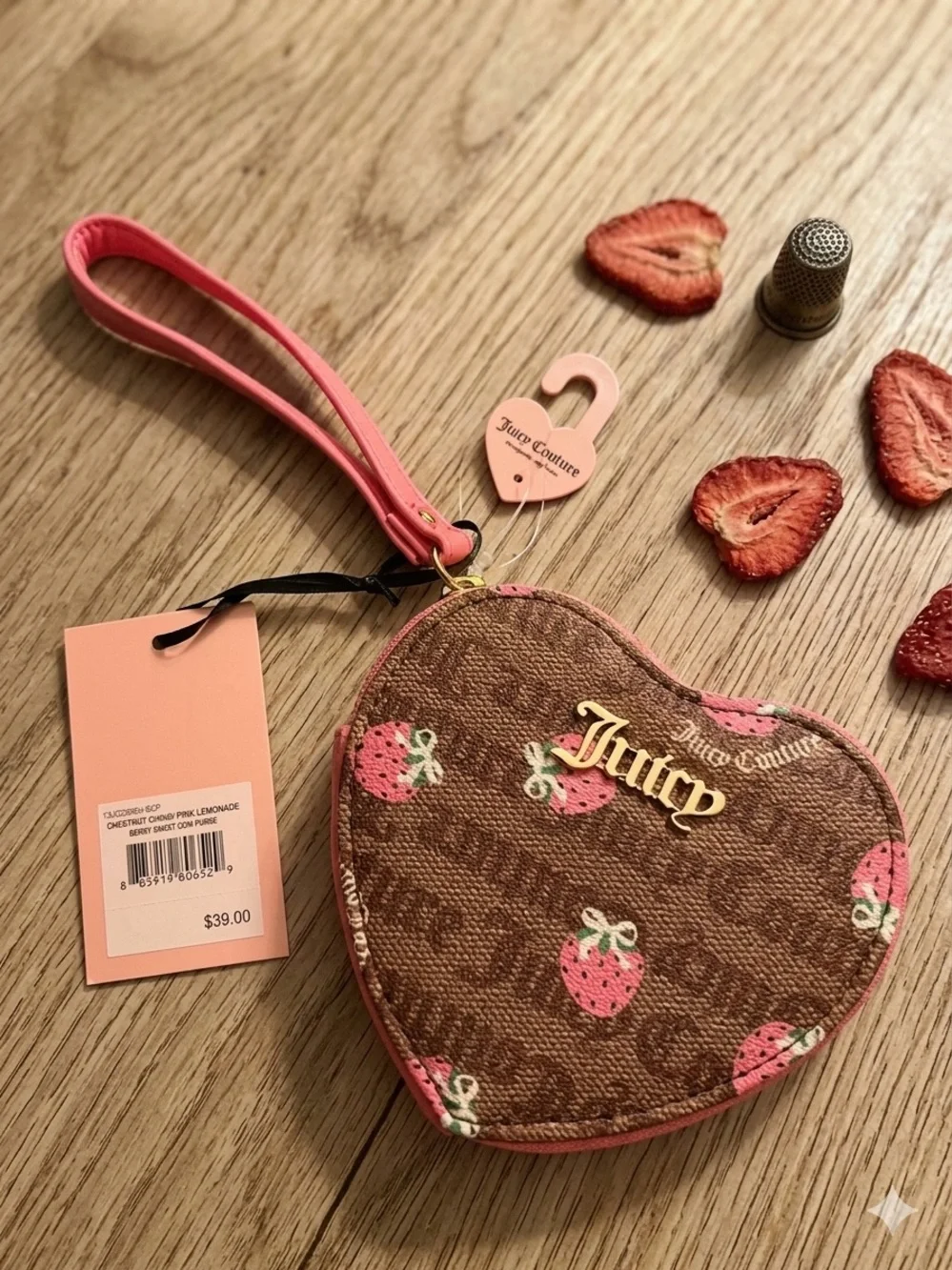 Juicy Couture Brown and Pink Heart-Shaped Strawberry Wristlet